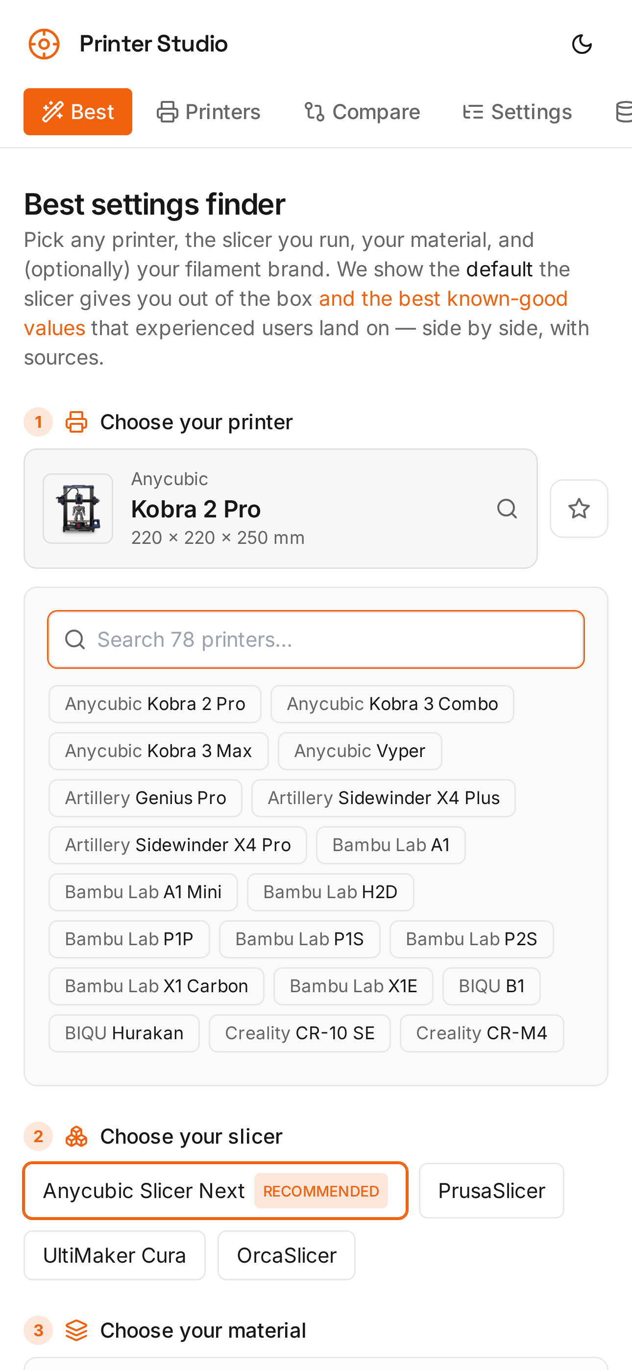 Printer Studio Best Settings finder screen showing printer, slicer, material and filament selection
