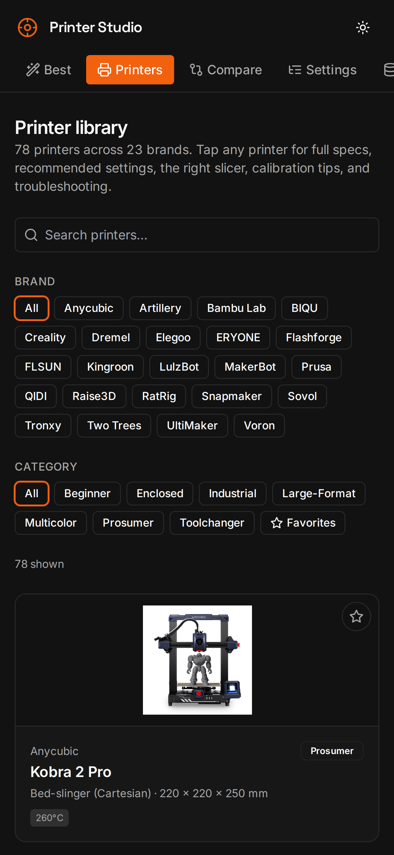 Printer library in Printer Studio listing 3D printers by brand with specs