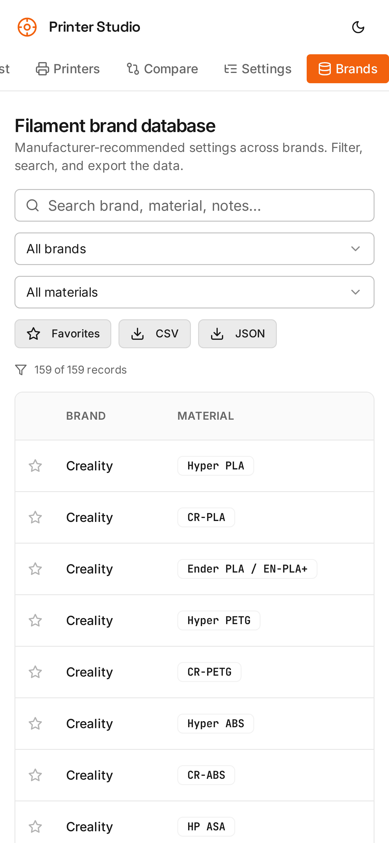 Filament brand database in Printer Studio with manufacturer-recommended settings