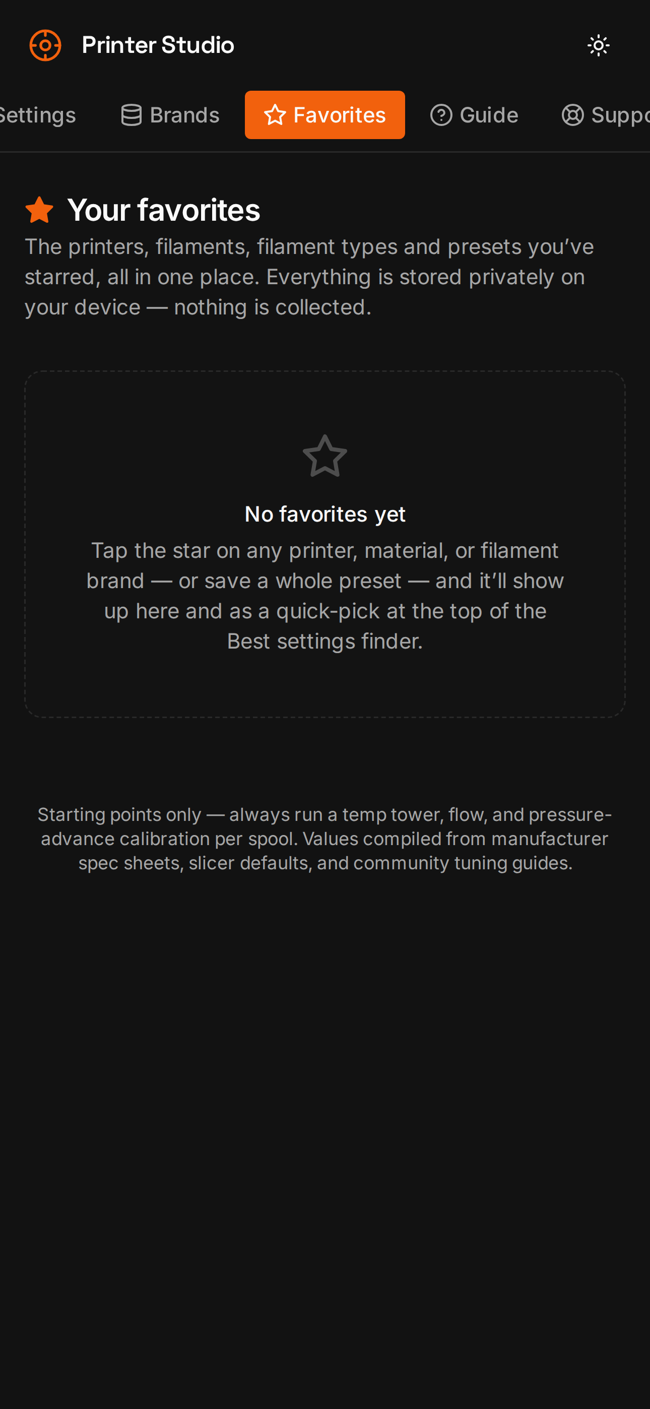 Favorites screen in Printer Studio